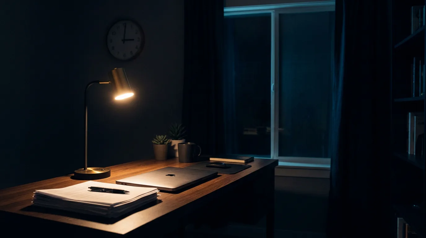 A home office desk at 3am lit by a single warm desk lamp over a closed laptop, suggesting work running unattended overnight.