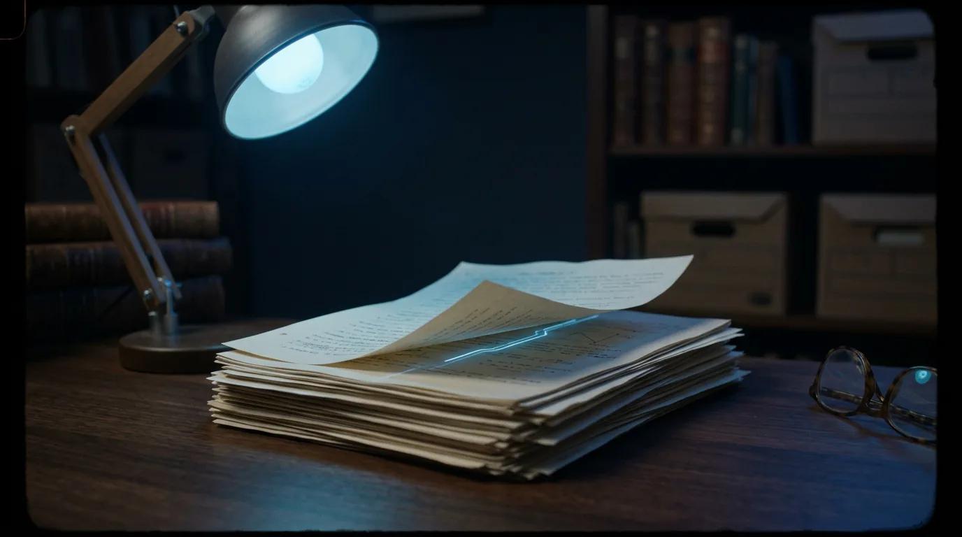 A desk lamp lighting a stack of research papers with one glowing line running underneath a lifted page, in a dark archive.
