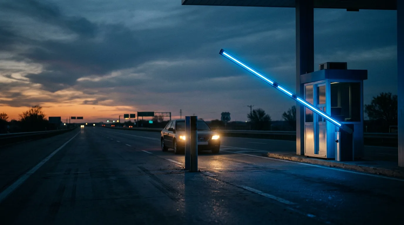 A glowing blue toll gate arm raised over an empty highway at dusk, headlights waiting behind it.