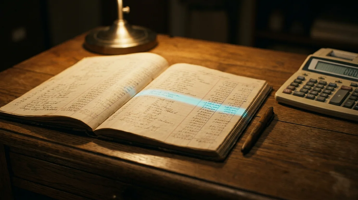 An open ledger under a desk lamp, columns of handwritten figures with one column highlighted in blue.