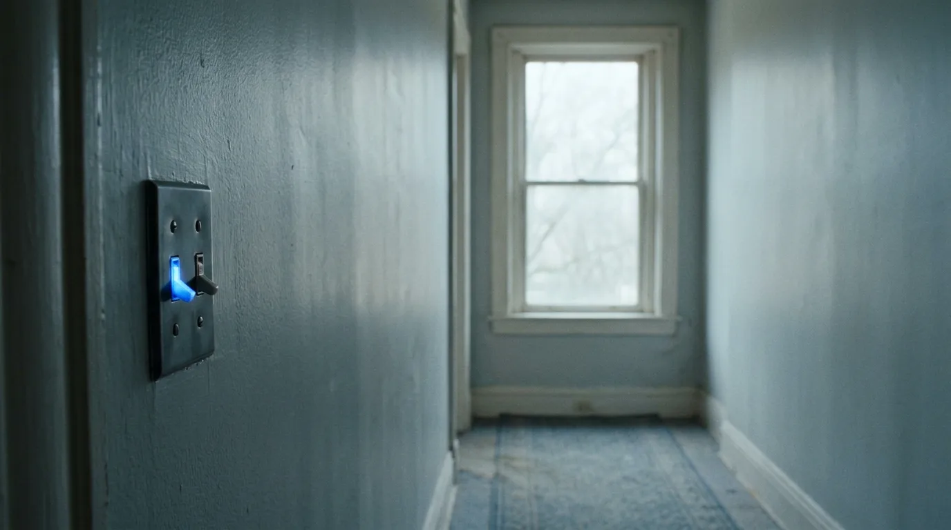 A wall light switch glowing blue in the off position, with a window of pale daylight down the hallway.