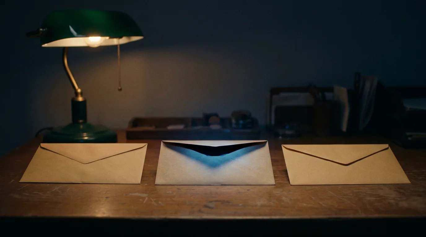 Three identical envelopes on a desk, one lifted flap glowing faintly from within.