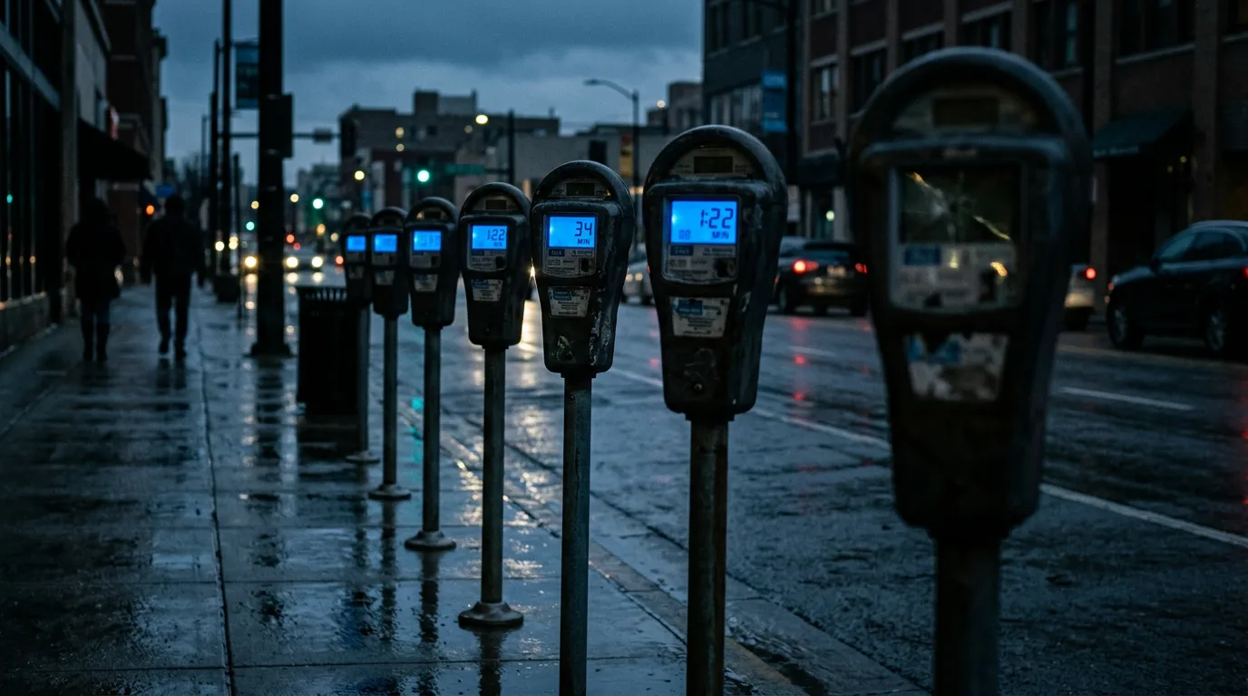 A row of parking meters at dusk, one display dimmed and unreadable while the others glow clearly.