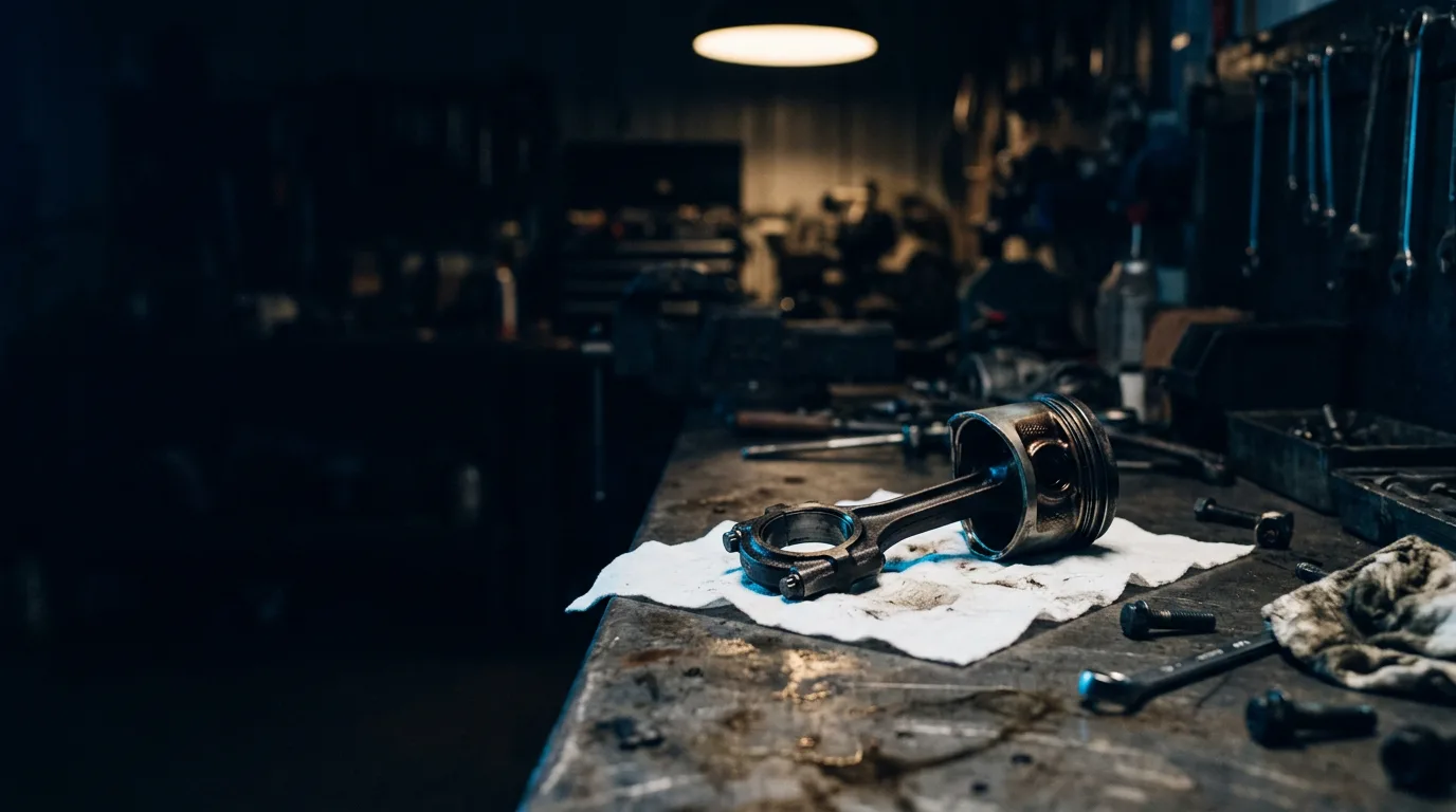 A single worn engine part resting on a white shop towel on a dark mechanic's workbench under one lamp