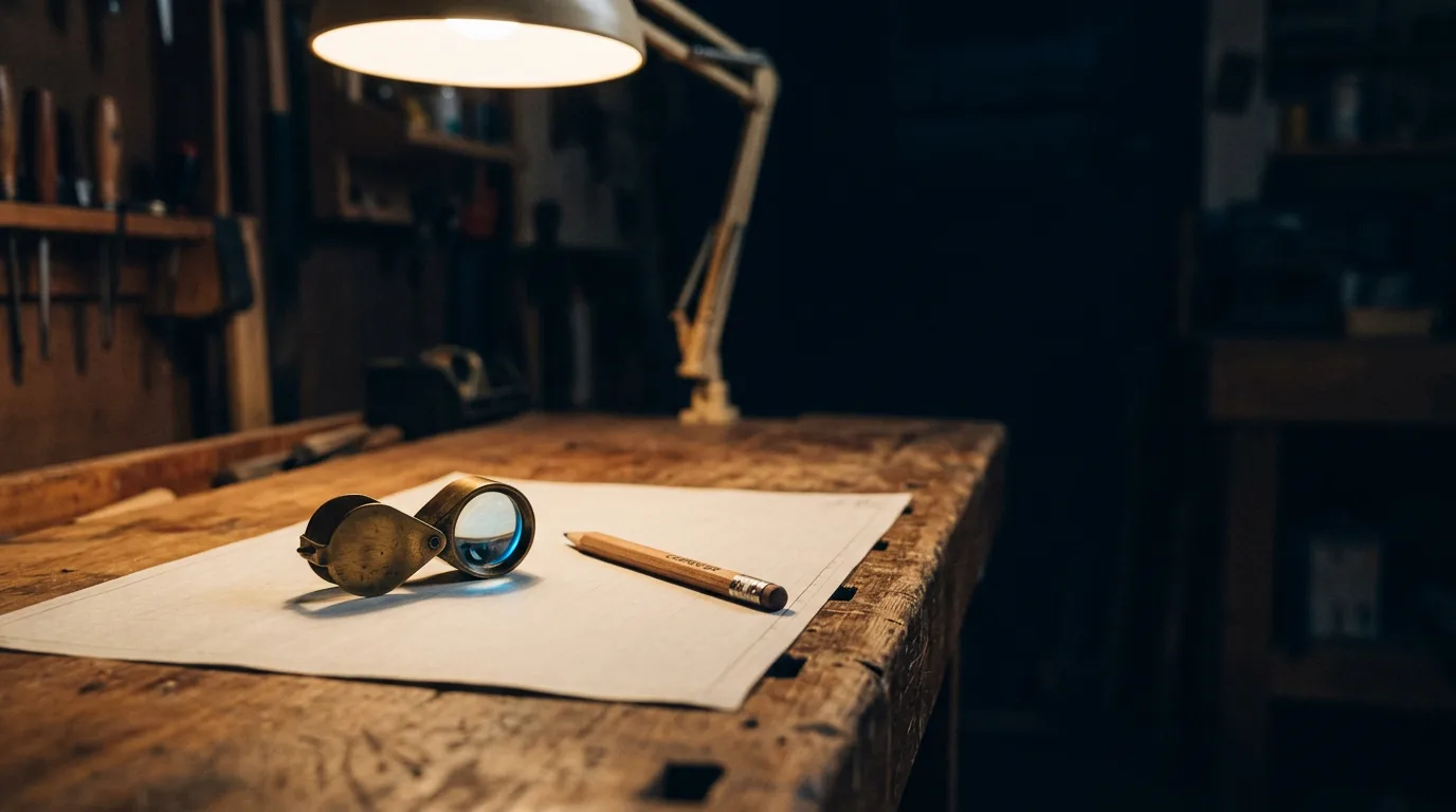 A brass magnifying loupe and a carpenter's pencil lying side by side on blank drafting paper under a single lamp
