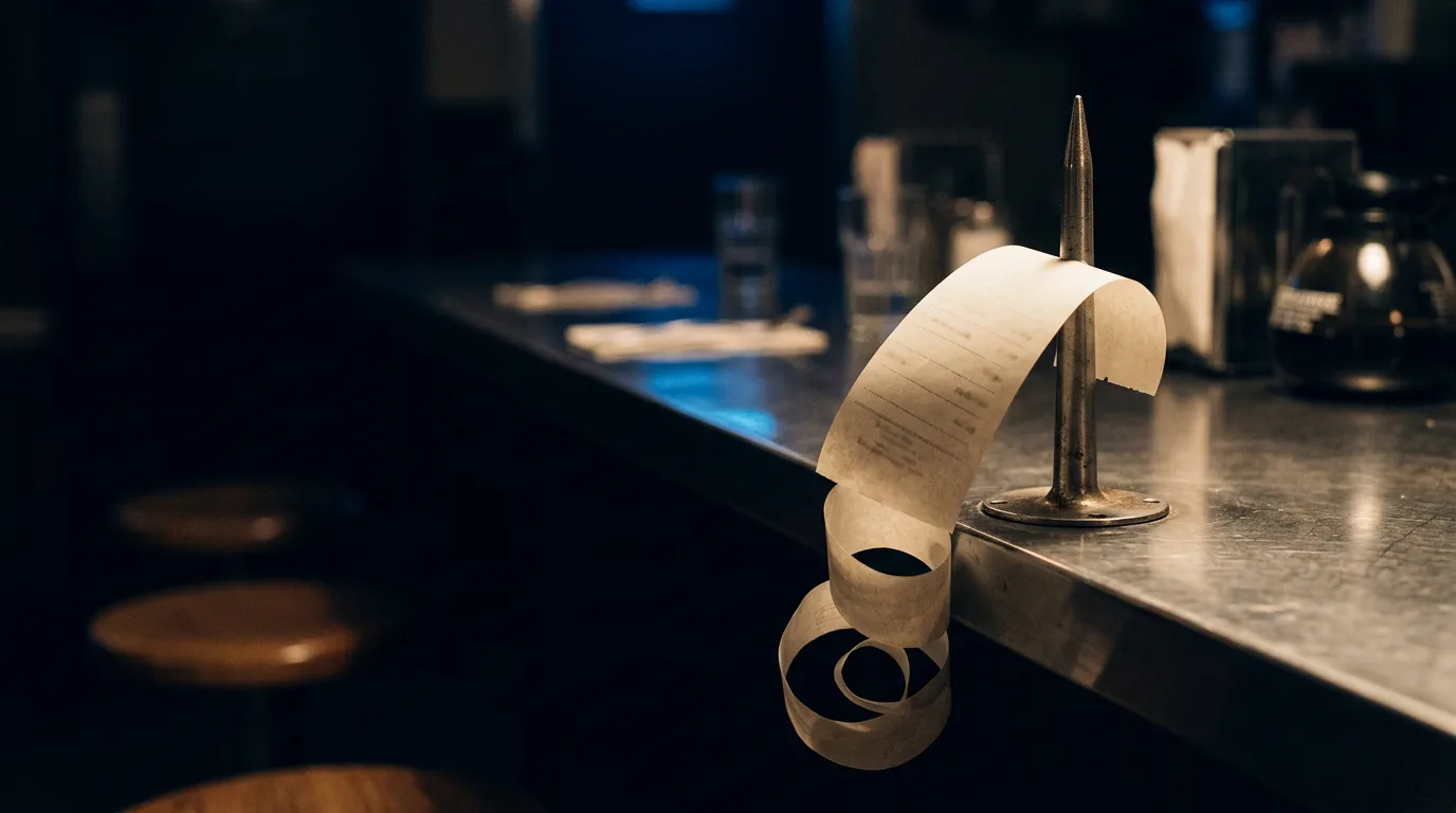 A paper receipt curling off a steel receipt spike on a diner counter at night, with a faint blue reflection on the counter