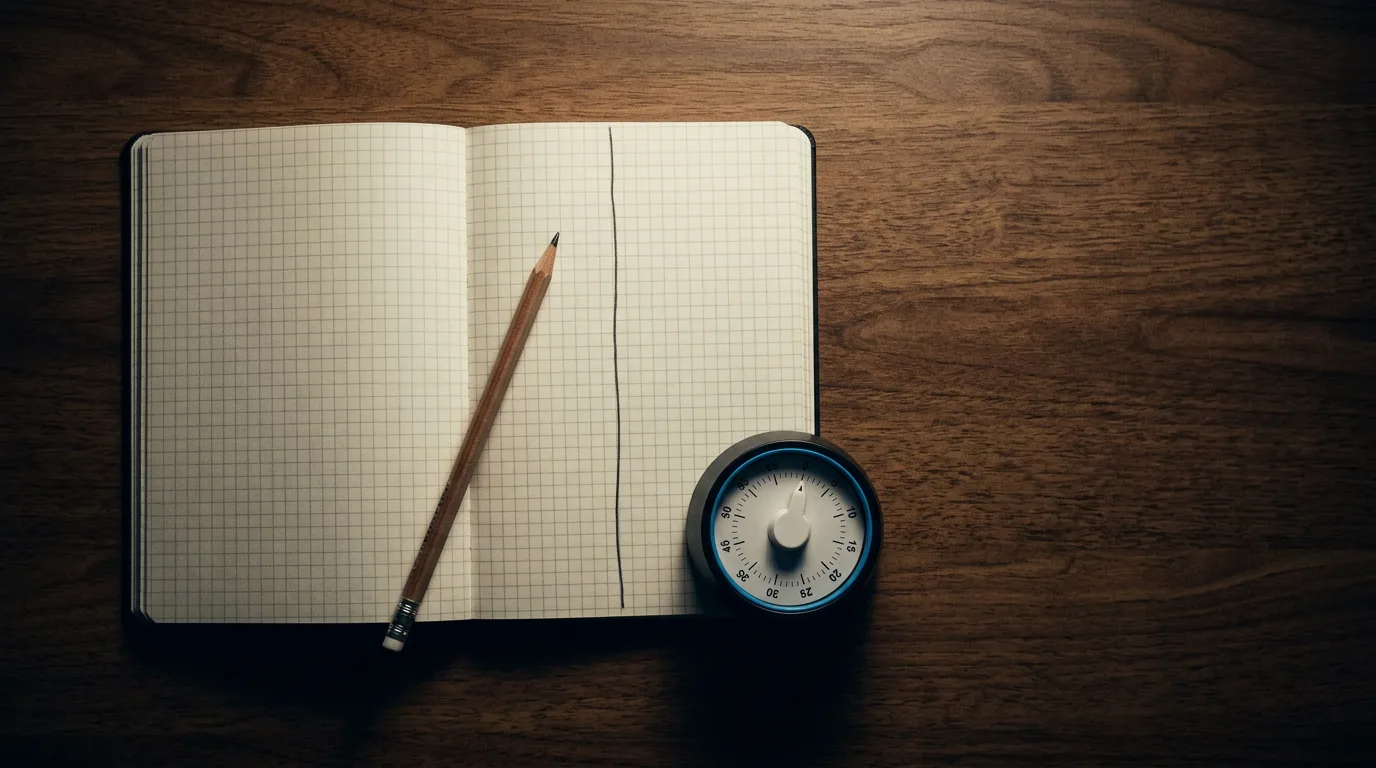 A grid notebook split into two columns by a pencil line, with a pencil and a kitchen timer beside it, set up for a Perplexity vs ChatGPT test