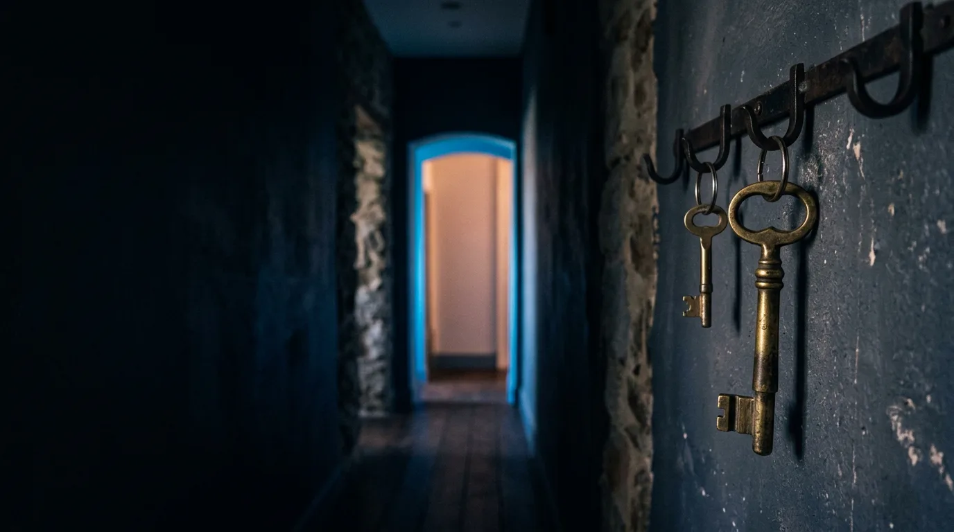 Two brass keys of different sizes hanging on a hook rail in a dim hallway, with light from a doorway at the far end