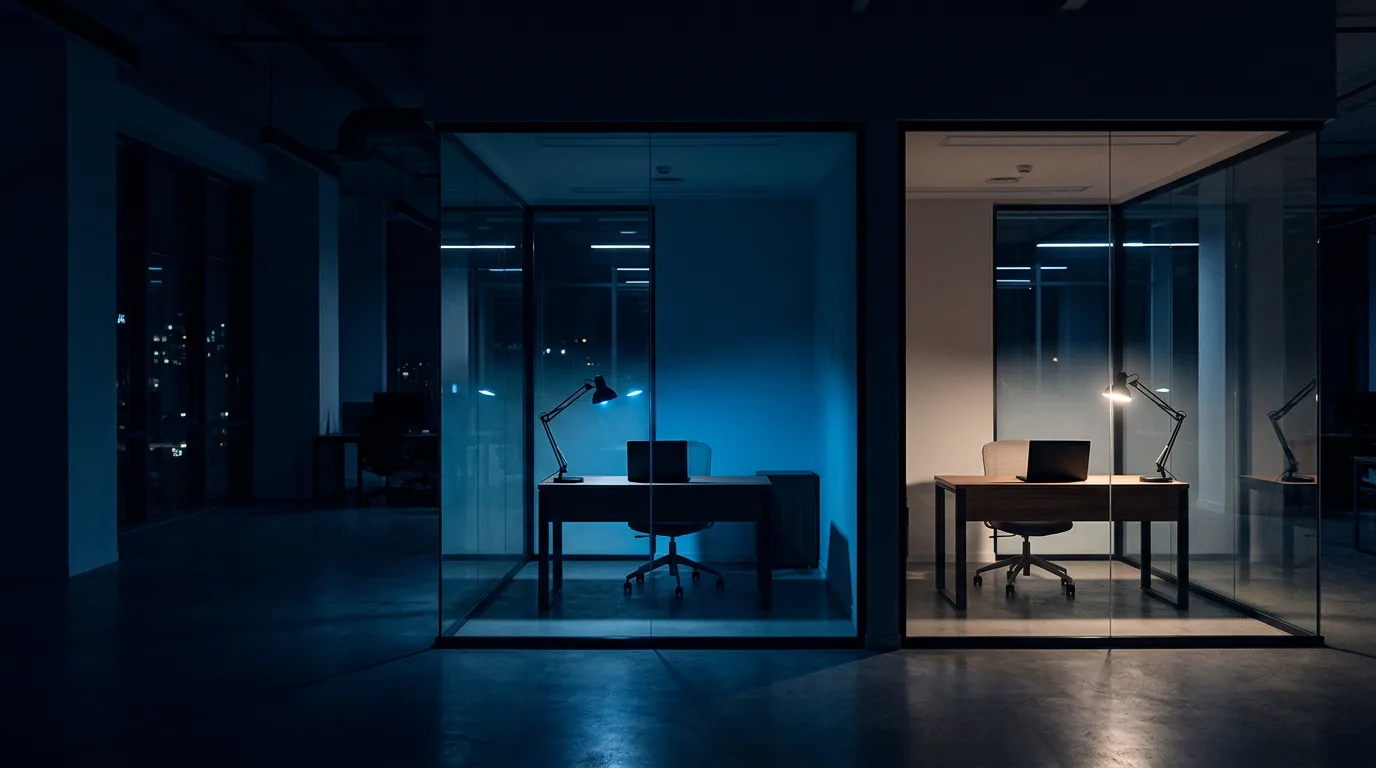 Two identical empty desks with lamps in separate glass rooms divided by a solid wall, one lamp glowing blue and the other warm white