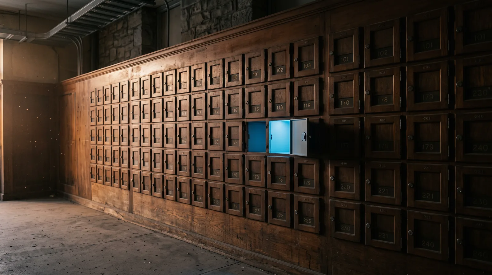 A wall of identical closed mail lockers with one door open and glowing blue, representing a separate login for every AI tool.