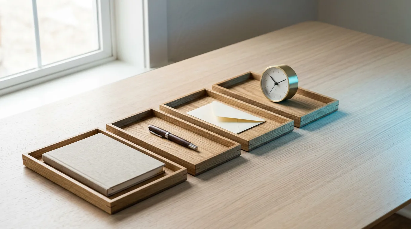 Four organized wooden trays arranged in a diagonal sequence on a table, each holding a different small object, representing the plan, write, publish, and learn steps of one connected workflow.