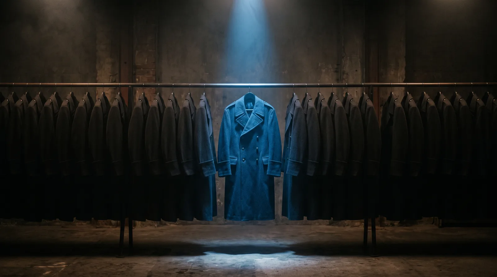 A row of identical dark coats on a rack, one lit by a blue spotlight, representing one AI model dressed up as several separate features.