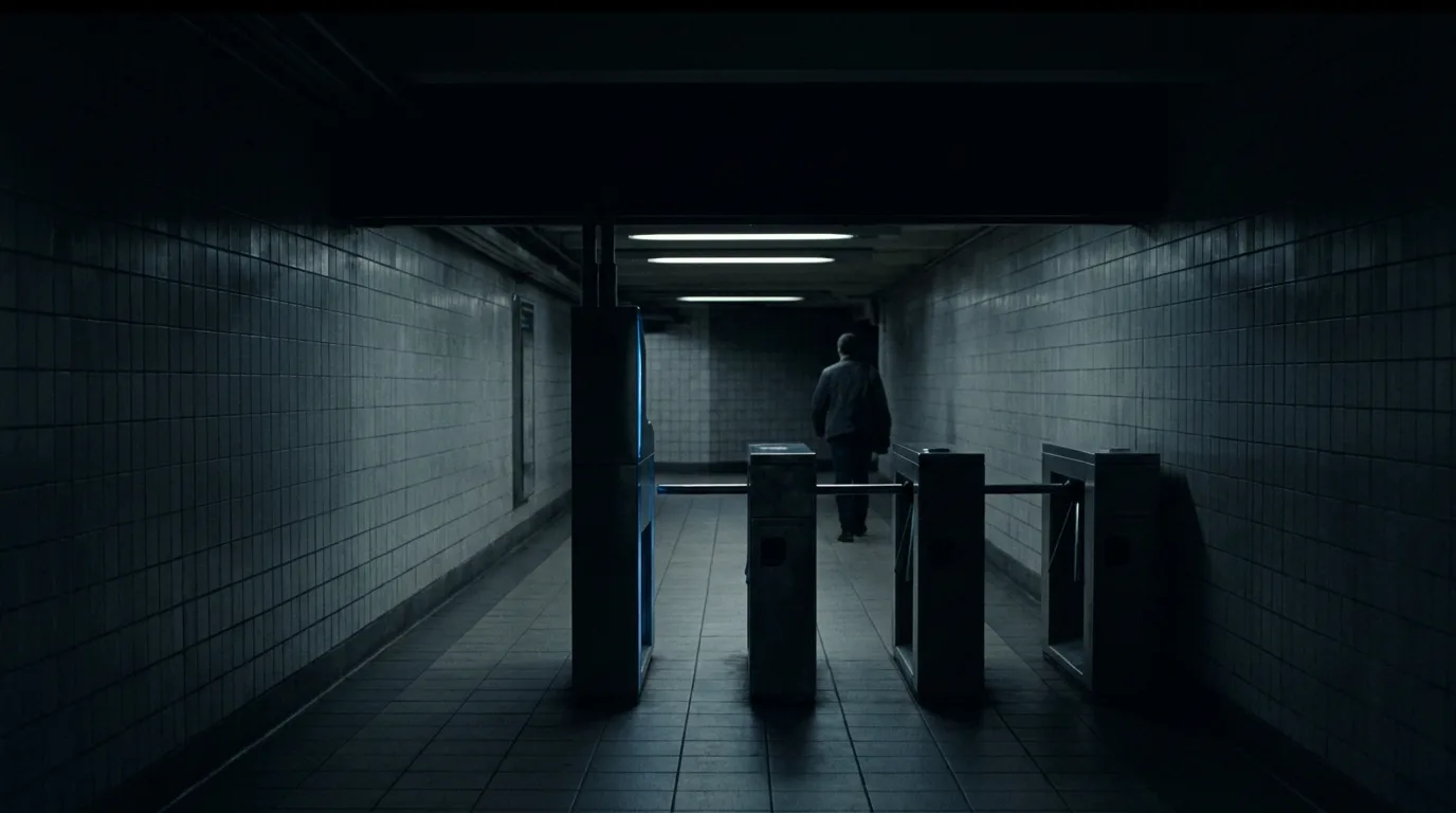Three subway turnstile gates of different heights in a dim tiled corridor, the tallest glowing faintly blue.