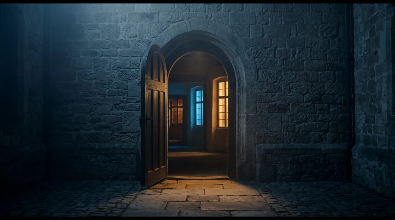 A single dark doorway in a stone wall at night, with several warmly lit windows visible through it, one glowing blue among the rest.