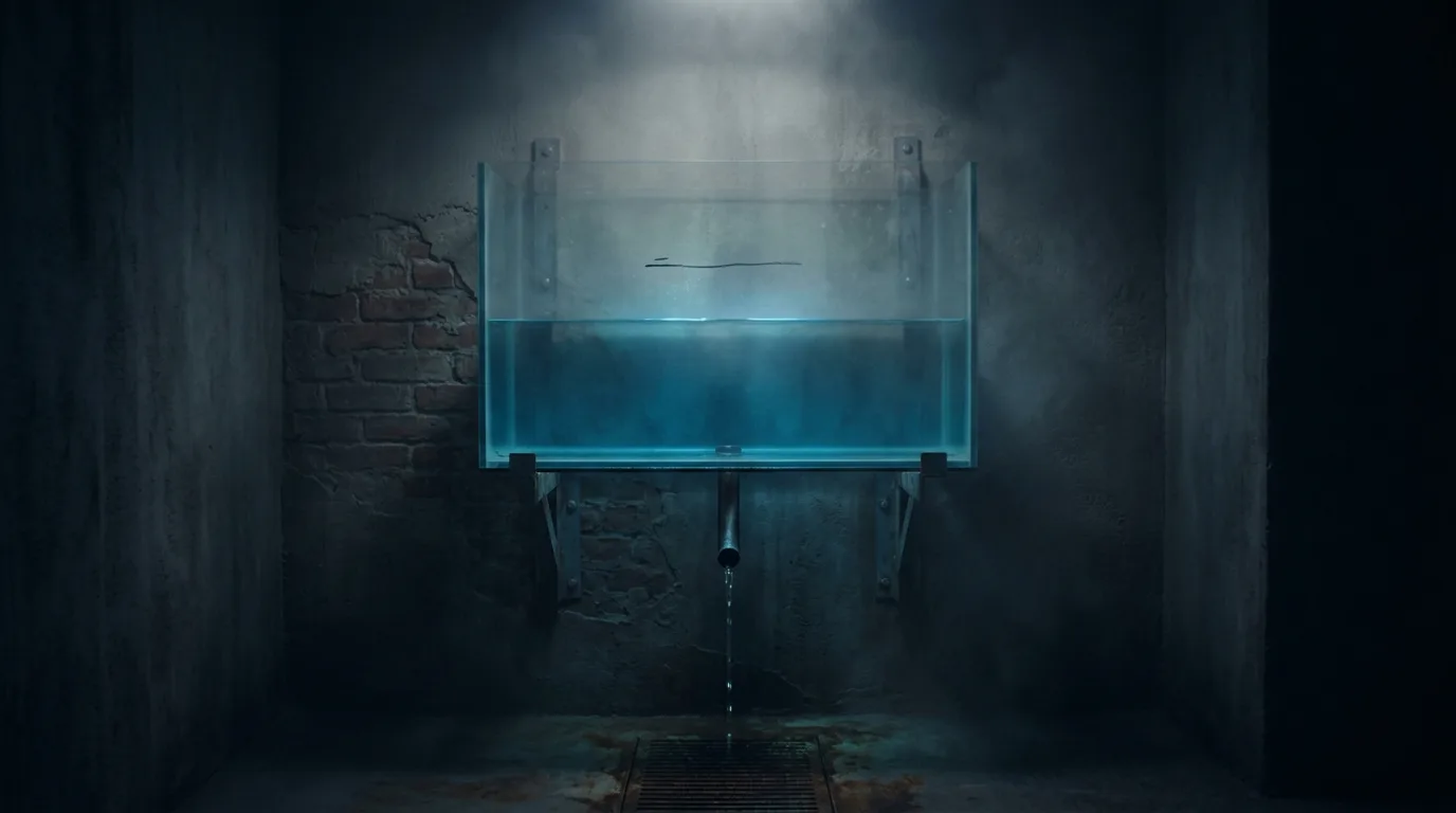A large glass water tank mounted on a wall, half full, its level glowing faintly as it drains slowly through a narrow pipe.