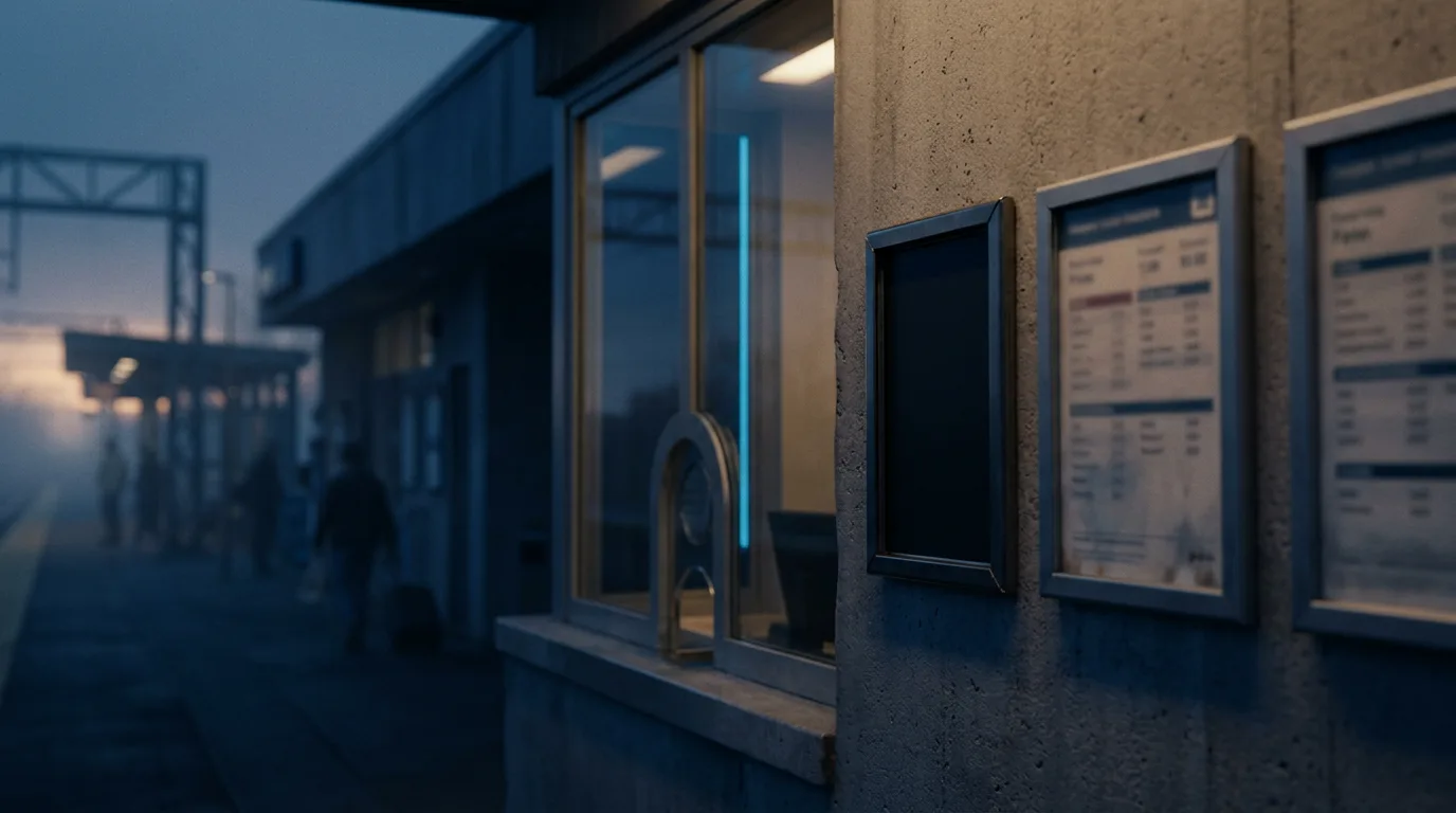 An empty metal price placard holder on a glass ticket booth window at night, with two other filled placards blurred beside it.