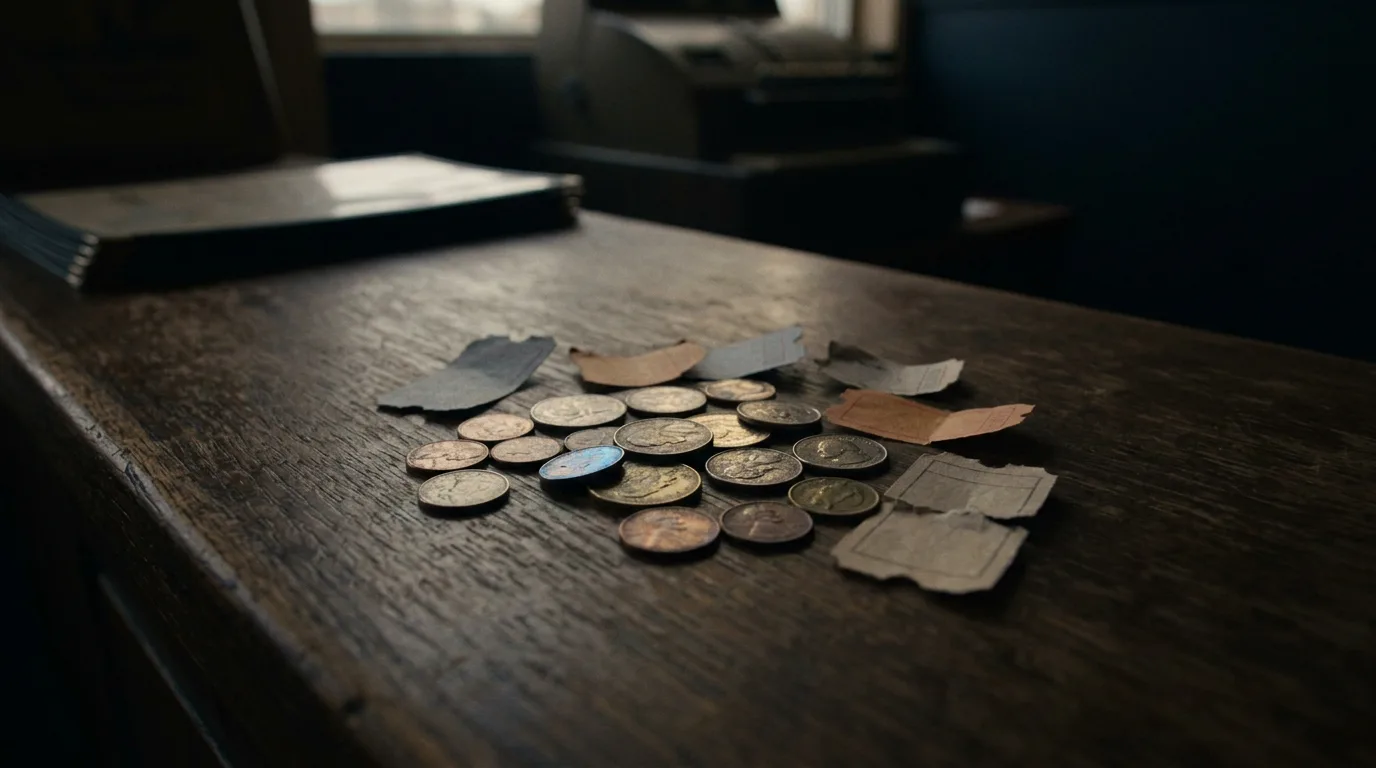 A small pile of mismatched coins and torn ticket stubs scattered on a wooden counter, catching uneven light.