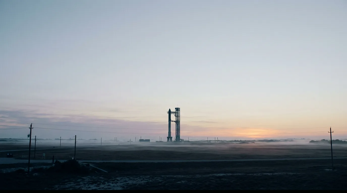 A tall rocket launch gantry tower seen from a great distance across an empty launch field at dawn, mist low on the ground.