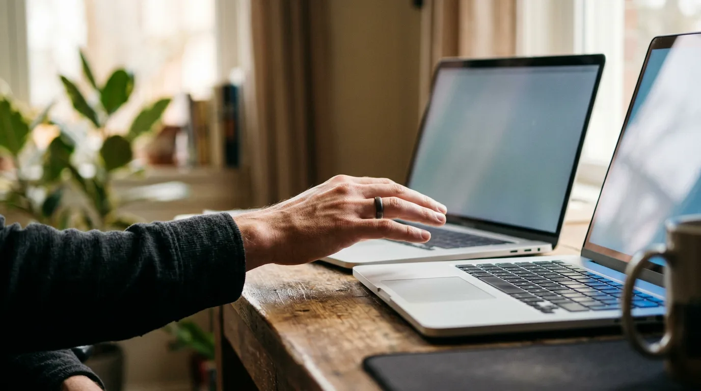A hand mid-reach moving from one open laptop keyboard to a second laptop on the same desk