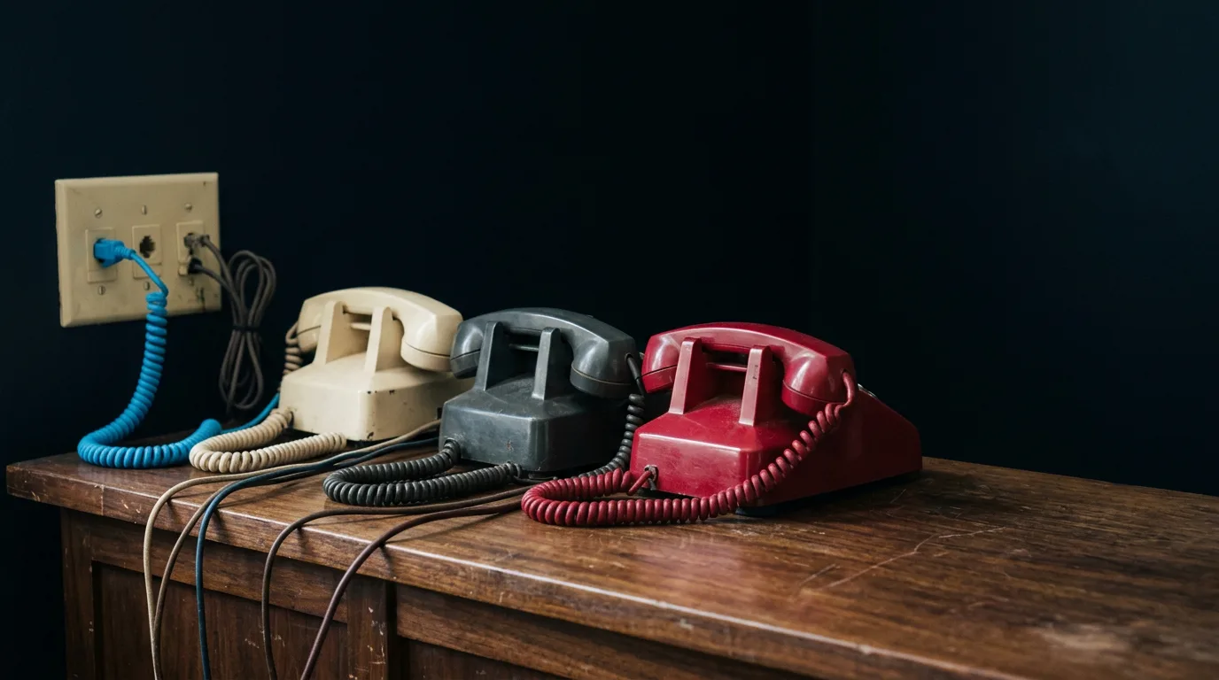 Three desk telephones in cream, charcoal and red, all wired to one wall panel with a blue cord