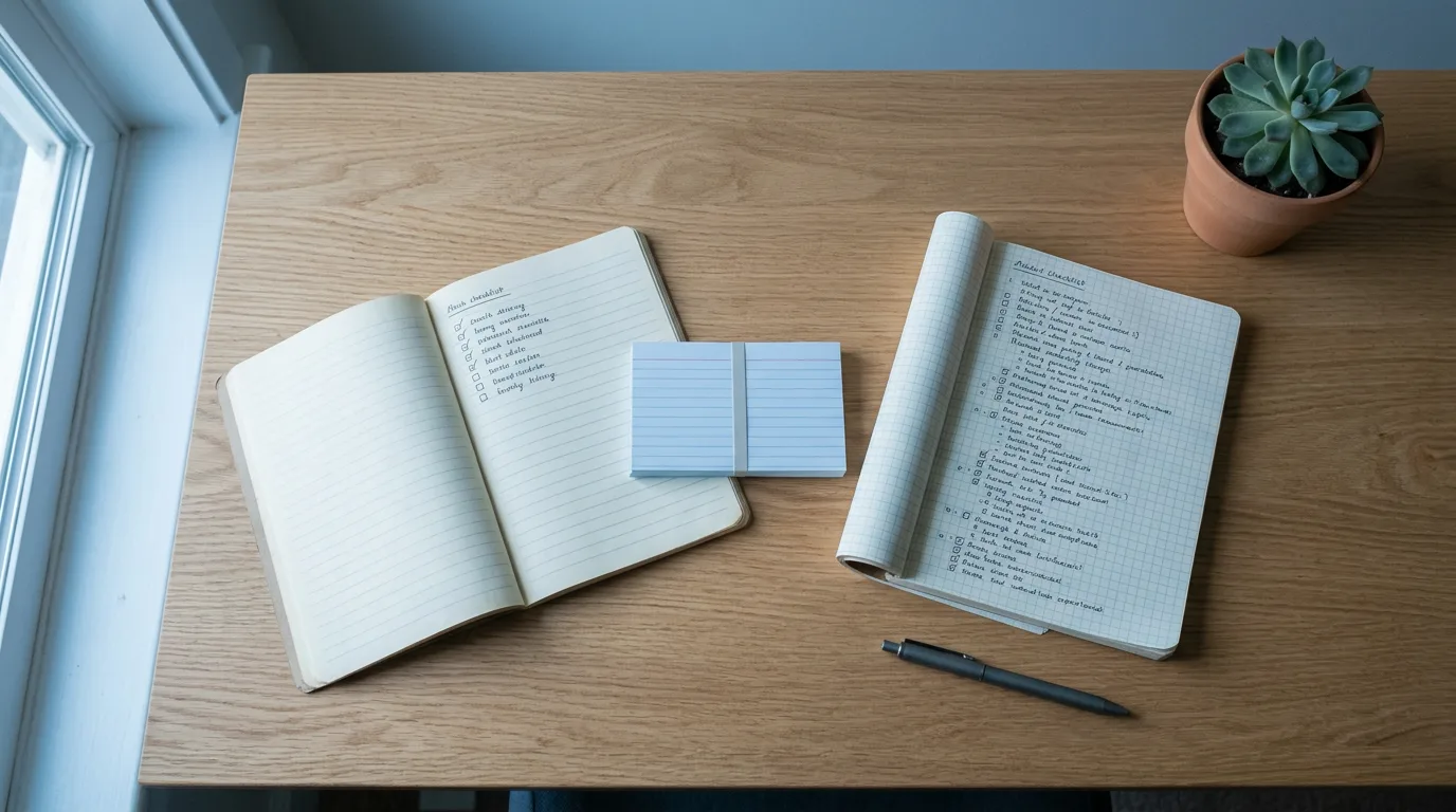 Overhead view of two open notebooks side by side on a desk, one with a short checklist and one with a longer detailed checklist, both pointing toward a small stack of index cards between them, representing two different prompt structures that produce the same reliable outcome.