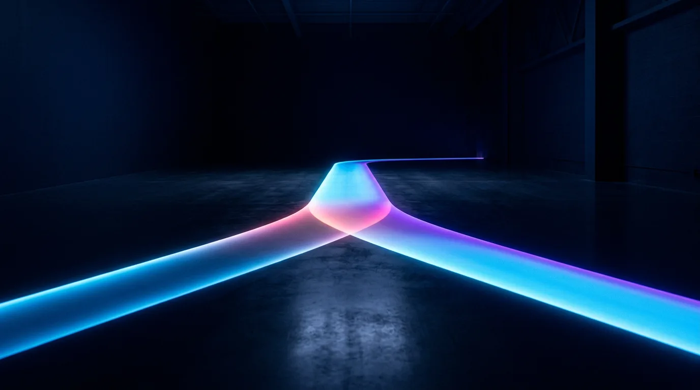 Two narrow paths of light on a dark floor merging into one wider path that continues forward, lit in Magai blue shifting toward purple and pink at the point where they join.