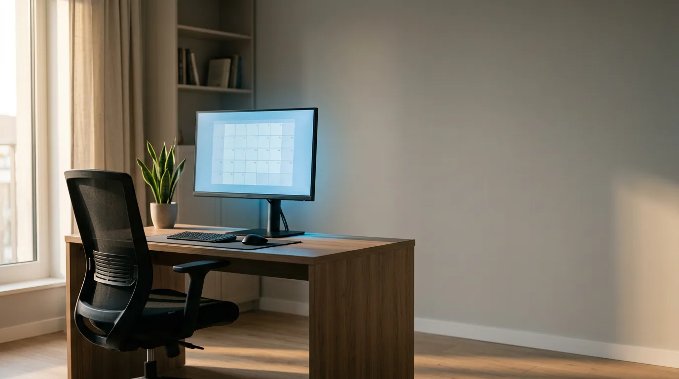 An empty office chair pushed against a tidy desk with a monitor showing a soft blue calendar grid, warm afternoon light through a window, representing an automated posting schedule still waiting on a human check.